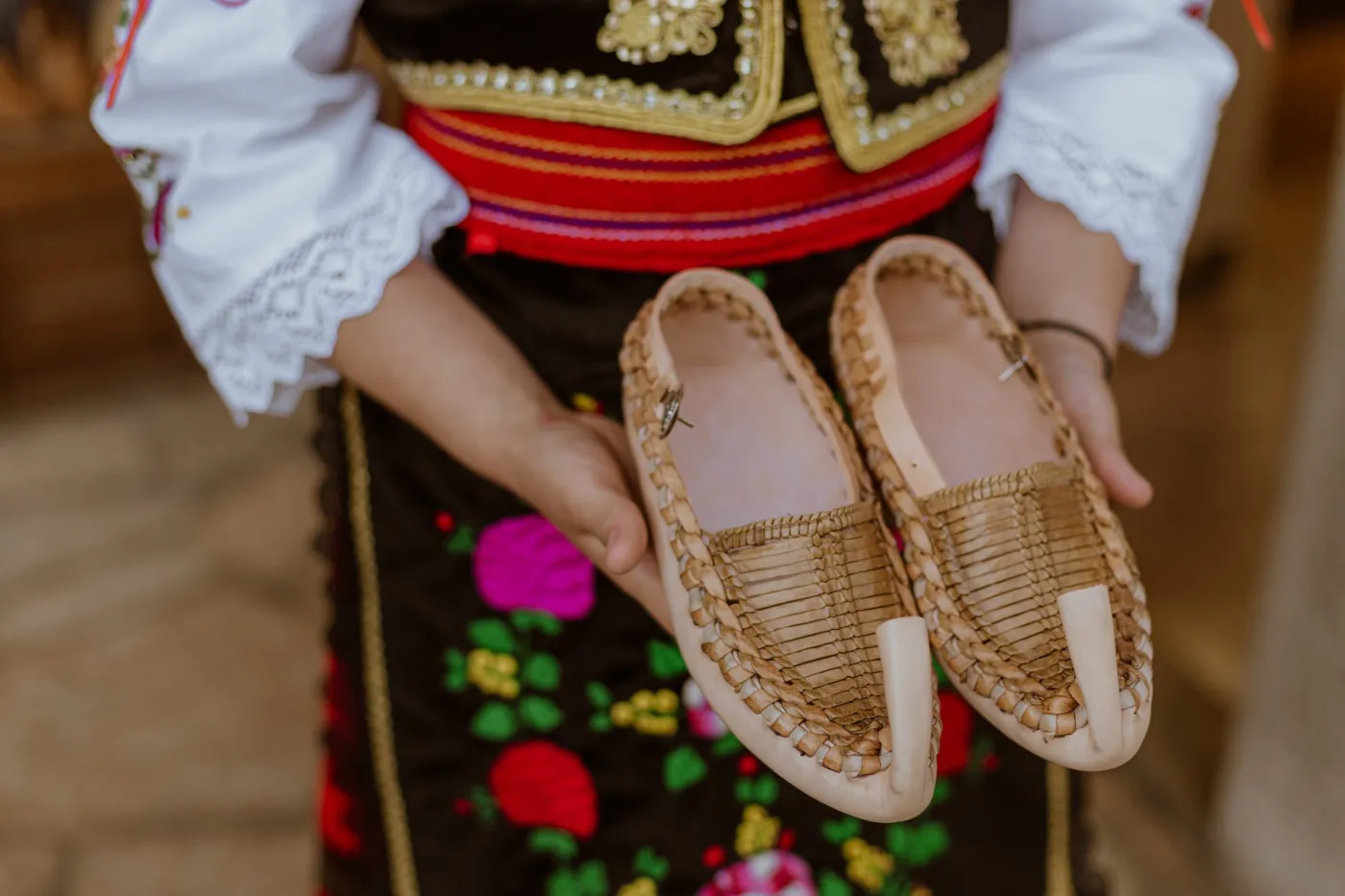 A detail of handmade leather footwear production